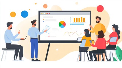 Business team gathered around whiteboard for a meeting, discussing graphs and charts.