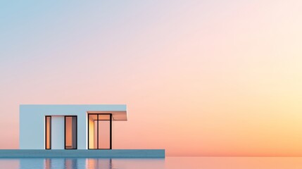 Half-rendered luxury home with architectural wireframe, serene sunset, 3D illustration