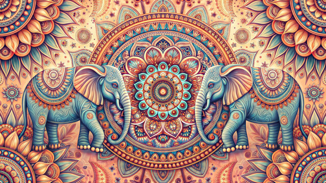 Fototapeta Traditional ethnic Indian pattern with mandala and elephants in soft pastel pink and blue colors.