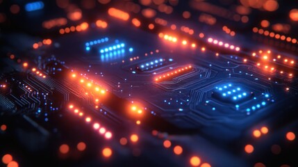 A computer chip with blue and orange lights