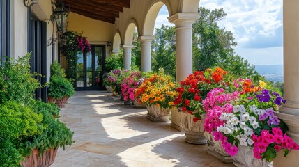 Naklejka premium Mediterranean Patio with Colorful Flowers