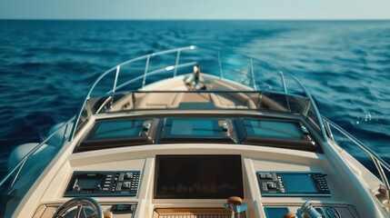 Close up of a yacht dashboard with a large screen display and steering wheel, overlooking the ocean.