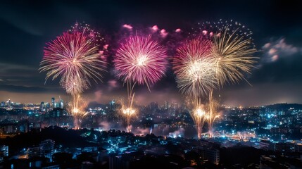 Cityscape with vibrant fireworks exploding over buildings at night.