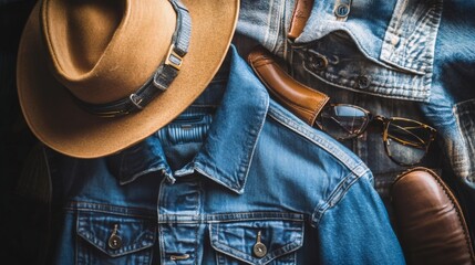 Close up of a brown hat, denim jacket, sunglasses, and leather on a dark background.