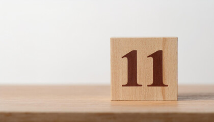 Wooden cube with number 11 on wooden table, white wall on background. Event planner, calendar