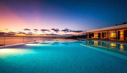 Modern Luxury House With Private Infinity Pool In Dusk, Tropical Pool Villa At Dusk, Modern Luxurious Villa, concept of serene villa, 3D rendering, vector illustration created with generative ai