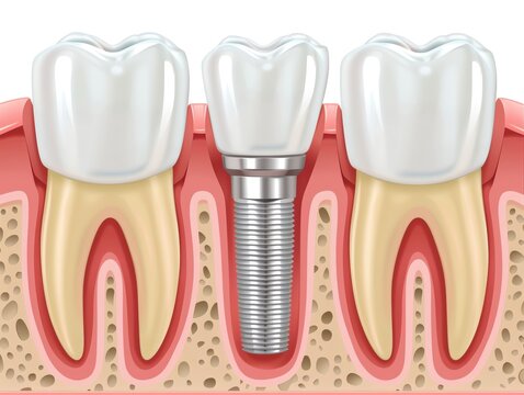 Detailed illustration of dental implants placed between natural teeth, showcasing biological and aesthetic aspects of oral health.