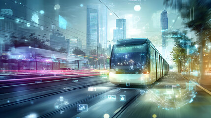 Fototapeta premium Modern Tram Traveling Through Cityscape with Futuristic Technology and Digital Overlays