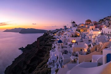 Panoramic View of Oia at Sunset with White-Washed Buildings and Blue Domes, AI generated illustration