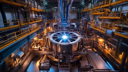 Fototapeta premium A high-energy physics lab with particle accelerators and complex machinery.