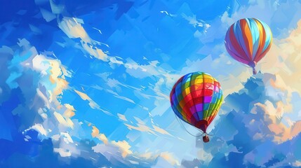 Obraz premium vibrant multicolored hot air balloons soaring in cloudy blue sky thrilling adventure digital painting