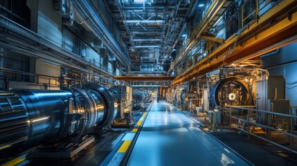 Obraz premium A high-energy physics lab with particle accelerators and complex machinery.