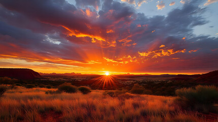 Obraz premium A Dramatic Sunset Over a Grassy Landscape with a Vibrant Sky, Casting a Golden Glow on the Hills in the Distance