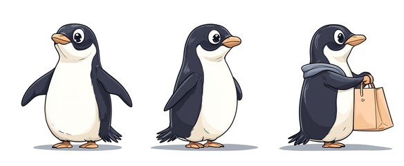 Obraz premium three views， front view， left view,back view，Penguin, ugly and cute, q version cartoon, holding shopping bag in hand, wearing shirt, side angle, white background