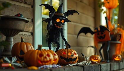 Taking your Halloween decorations out of the box, concept of  exterior Halloween home decoration, seasonal decor, hanging witches, vector illustration, banner, poster created with generative ai