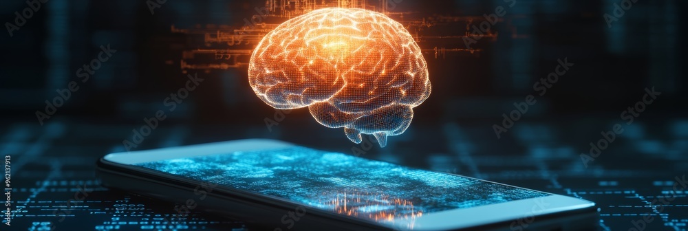 Aufkleber Orange glowing digital brain floating above a smartphone with data visualization effects. AI and smart technology integration.