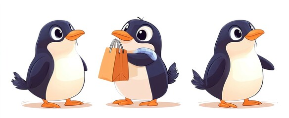 Obraz premium three views， front view， left view,back view，Penguin, ugly and cute, q version cartoon, holding shopping bag in hand, wearing shirt, side angle, white background