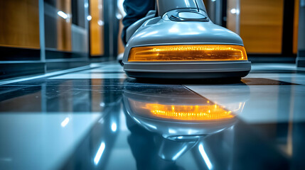 Obraz premium Cleaning Robot with Yellow Light Reflecting on Polished Floor in an Office Building