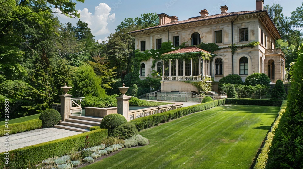 Wall mural elegant mansion with classic architectural style and lush landscaping