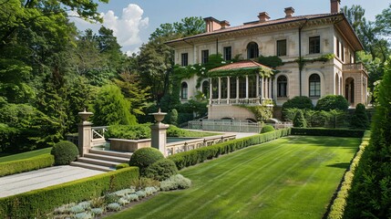 Elegant mansion with classic architectural style and lush landscaping