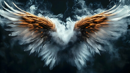 Golden and White Feathers Spread Out in a Dramatic Smoke Effect, Abstract Art of Wings Against a Dark Background