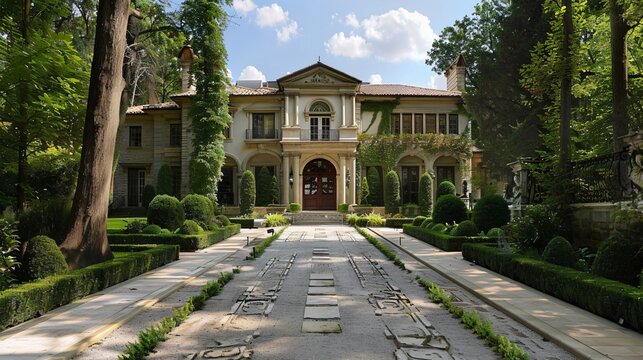 Elegant mansion with classic architectural style and lush landscaping