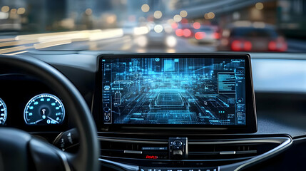 A Futuristic Car Dashboard with a Digital Display Showing a Cityscape and Navigation System  for Self-Driving Technology