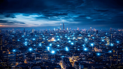 Fototapeta premium A Nighttime Cityscape with a Network of Connected Lights and Buildings