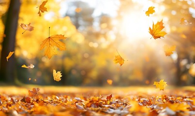 An autumn park with leaves covering the ground, sunlight peeking through the trees, and yellow maple leaves scattered about. AI generated illustration