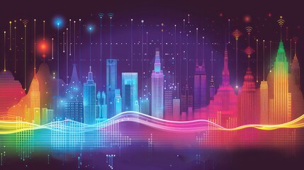 Abstract neon cityscape with data visualization and glowing lines.