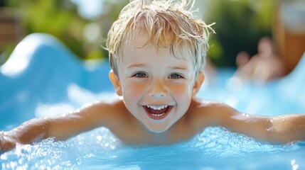 A young boy smiling while swimming in a pool with other children, AI