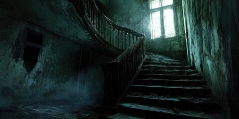 A Stairway in a Decaying, Fog-Filled House