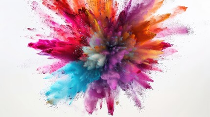 vibrant powder explosion frozen in time multicolored particles suspended midair against pure white dynamic energetic composition with swirling hues and intricate details