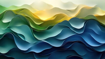 Green and blue graphic background, overlapping curves and circles, futuristic geometric shapes.