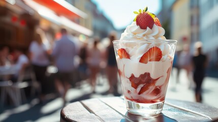 Ice cream in a glass cup on a street café table, wallpaper background