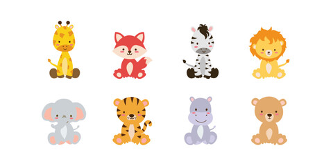 Cute set  of safari animals Savanna and safari funny cartoon sticker animals. Jungle animals vector set of sticker elements. 