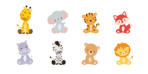 Cute set of  safari animals. Savanna and safari funny cartoon sticker animals. Jungle animals vector set of sticker elements. 