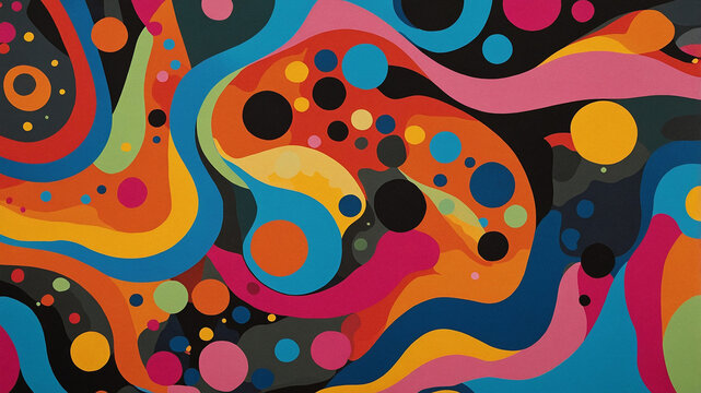 Vibrant multicolored circles arranged in an abstract pattern on a dark background, creating a lively visual.