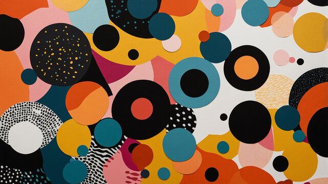 Vibrant multicolored circles arranged in an abstract pattern on a dark background, creating a lively visual.