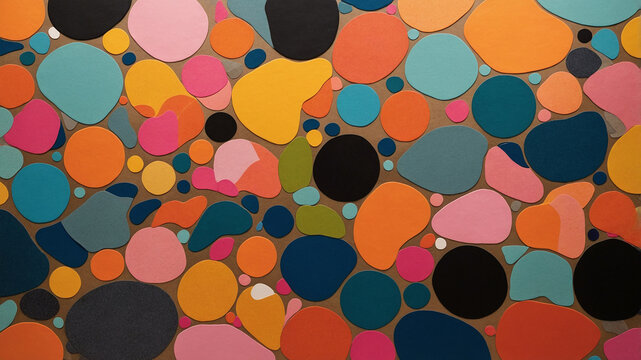 Vibrant multicolored circles arranged in an abstract pattern on a dark background, creating a lively visual.