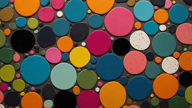 Vibrant multicolored circles arranged in an abstract pattern on a dark background, creating a lively visual.