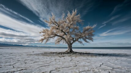 A Tree with dry braches in middle of a Deserted Land with a Blue Sky.