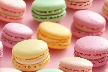 Fototapeta premium Colorful assorted macarons on a pink background. Sweet, delicate, and perfect for any bakery or dessert-themed image collection.