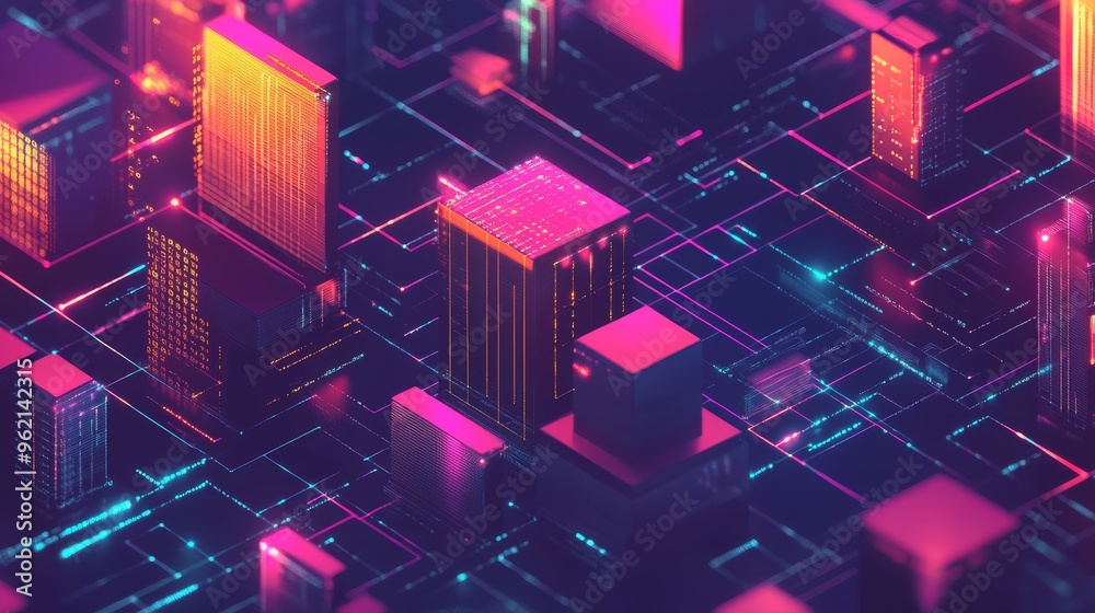 Fototapete Digital cityscape with glowing data blocks representing data networks and cloud computing.