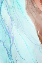 Swirling blue and peach abstract art with soft textures, capturing a serene and fluid surface at midday light