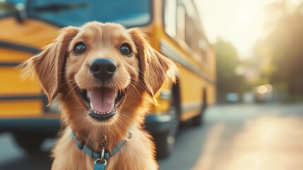 Happy puppy in front of a yellow school bus, capturing a joyful moment on a sunny day.