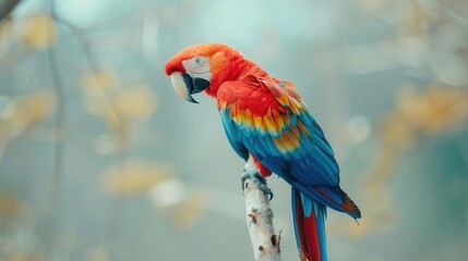Obraz premium vibrant scarlet macaw perched on a minimalist white branch its feathers a symphony of red blue and yellow