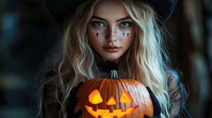 Sexy brunette woman in Halloween makeup and lingerie holds a pumpkin on black background. Halloween concept