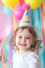 Obraz premium Smiling toddler wearing a striped party hat surrounded by colorful balloons, creating a joyful birthday atmosphere