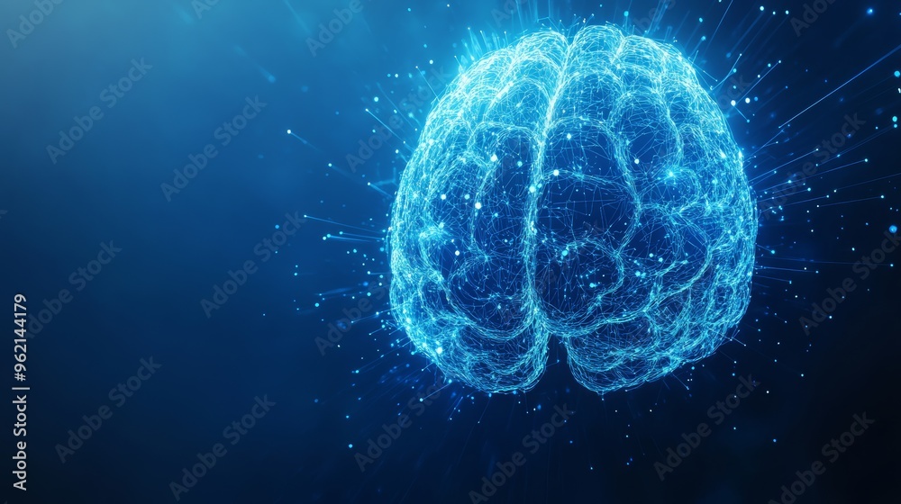 Poster Glowing digital brain floating in a virtual environment. Concept of artificial intelligence and future technology.